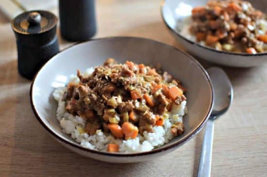 Une assiette contenant du porc haché au miso avec du riz blanc